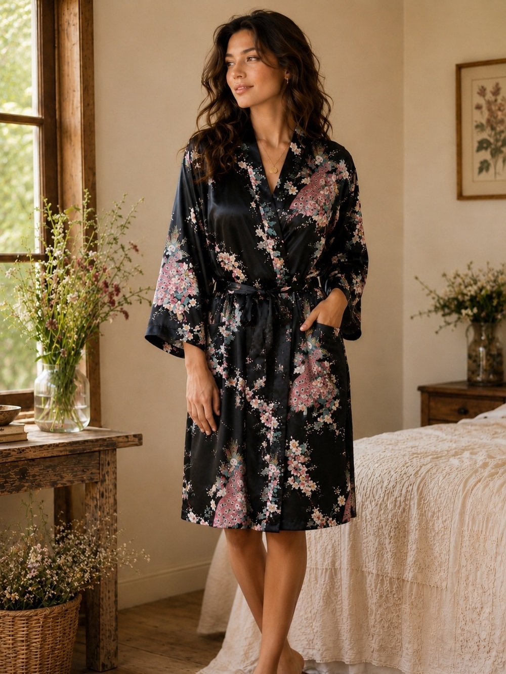 Vintage Silky Peacock Floral Kimono Robe Boho Luxe Statement Vacation Medium - Picture 1 of 9